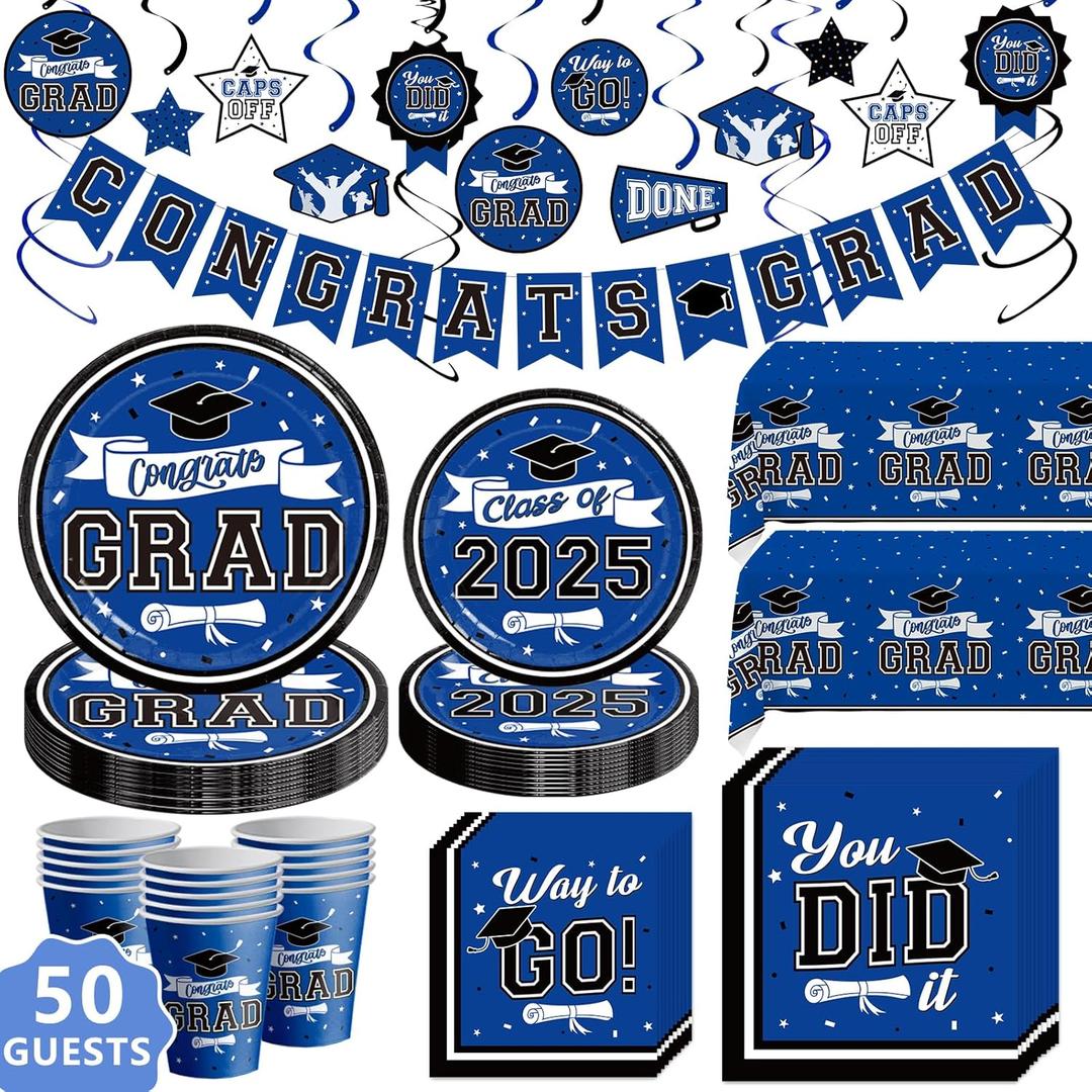 DAZONGE Graduation Decorations 2025 Blue, 2025 Graduation Party Decorations for 50 Guests, Disposable Tableware Set, Plates, Cups, Tablecloth with Congrats Grad Hanging Decor