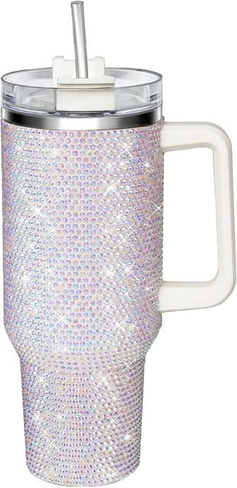 40oz Tumbler with Handle-Glitter Rhinestones Tumbler Bling Cups Stainless Steel Water Bottle Diamond Studded Tumbler for Women-Birthday Gifts for Women, Mom, Wife, Girlfriend (40 oz, White)