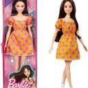 Barbie Fashionistas Doll #160 with Long Brunette Hair Wearing Patterned Orange Dress, White Shoes & Yellow Choker, Toy for Kids 3 to 8 Years Old