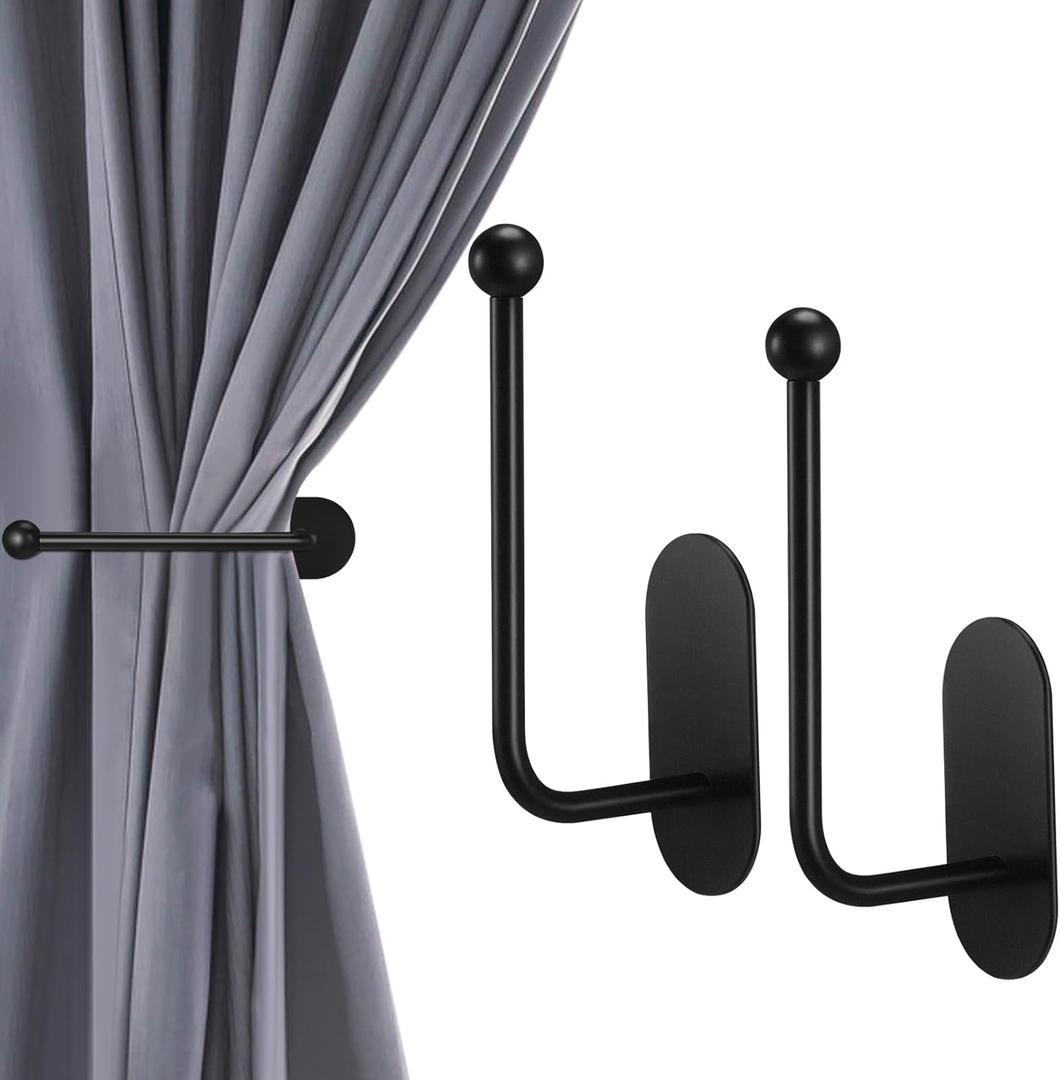 2 Pcs Adhesive Curtain Holdbacks No Drill Curtain Holdbacks Curtain Tie Backs Retro Window Hook for Drapes Home Decor (Black)