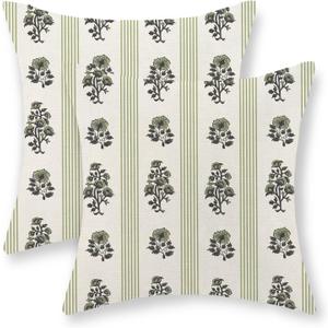 Floral Pillow Covers 18x18 Inch Set of 2 Block Print Sage Green Throw Pillows Vintage Boho Outdoor Decorative Pillow Cases Flower Striped Farmhouse Linen Cushion Case for Couch Sofa Bed Decor