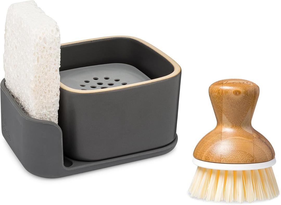 Full Circle Bubble Up Combo  Family Safe, Formaldehyde-Free  Gray Ceramic Soap Dish with Plant-Based Sponge & Bamboo Dish Brush  Versatile Kitchen Scrub Brush Set for Pots, Pans, Counter & Ovens
