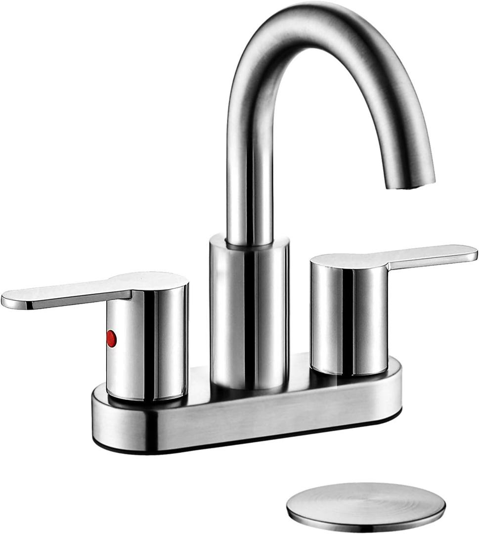 Chrome 4 Inch Centerset Bathroom Sink Faucet 3 Holes with Pop up Drain, High Arc Modern 2 Handle Bathroom Vanity Lavatory Faucet with Brass 360 Swivel Spout, TAF067E-CP