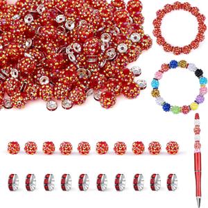 LAIDANLA 250pcs 12mm Red Rhinestone Beads and 8mm Rondelle Spacer Beads for Beadable Pens, Sparkly Shamballa Disco Baseball Bead for Jewelry Making Bracelets Necklace Earring DIY Craft
