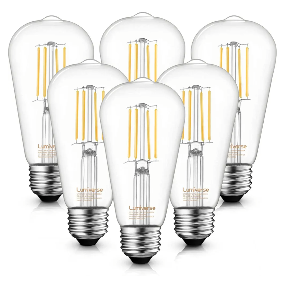 Lumiverse Edison Bulbs 60W Equivalent, Dimmable LED Light Bulbs, CRI 90+, Vintage E26 Lightbulbs, Natural White 4000K, ST19 ST58, 5.5W, Antique Clear Glass, 6 Pack