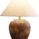 Rustic Farmhouse Clay Pot Table Vintage Distressed Ceramic Table Lamp with White Fabric Lampshade American Southwestern Textured Ceramic Lamp for Living Room Bedroom Office