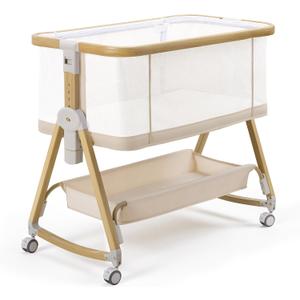 suihuooo Baby Bedside Bassinet, Bassinet Storage Basket and Wheels, Beige, Crib