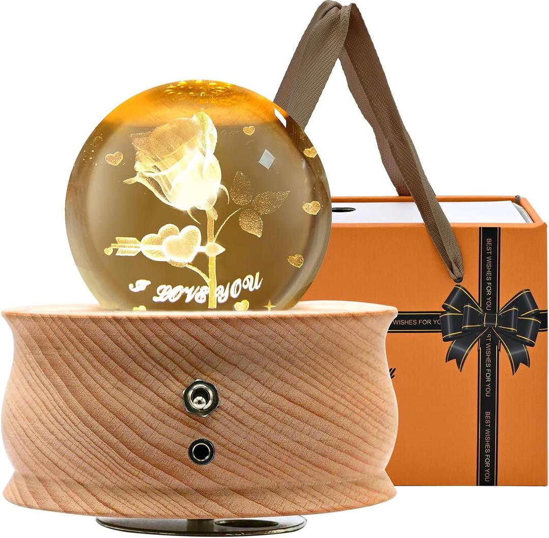 3D Crystal Ball Music Box with Projection LED Light and Rotating Wooden Base,Best Gift for Birthday Christmas Thanksgiving Valentine's Day Mothers Day,Music Boxes for Women(Rose-A)