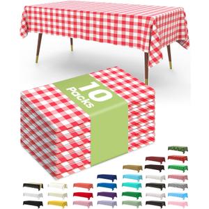 Pureegg Plastic Table Cloth Disposable 10 Pack, 54 x 108 Inch Table Cloths, Party, Picnic, Decorative Gingham Tablecloths, Rectangle, Red and White Checkered Cover, Leakproof & Sturdy, Red Plaid