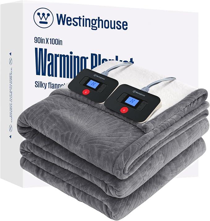Westinghouse Electric Blanket King, Flower Jacquard Heated Blanket King Size with 10 Heating Levels and 112 Hours AutoOff, Flannel to Sherpa Reversible, Machine Washable, 90" x 100" Inch, Grey