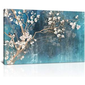 DekHome Large Size Couple Birds and Orchid Flower Blossom Picture Painting Print Artwork Teal Blue Canvas Wall Art Animal Canvas Print for Living Room Framed Ready to Hang 24"x40"
