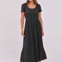 ANRABESS Women Summer Casual Maxi Dress Short Sleeve Square Neck High Waist Flowy A-Line Beach Long Dress with Pockets Black Small (Black, S)