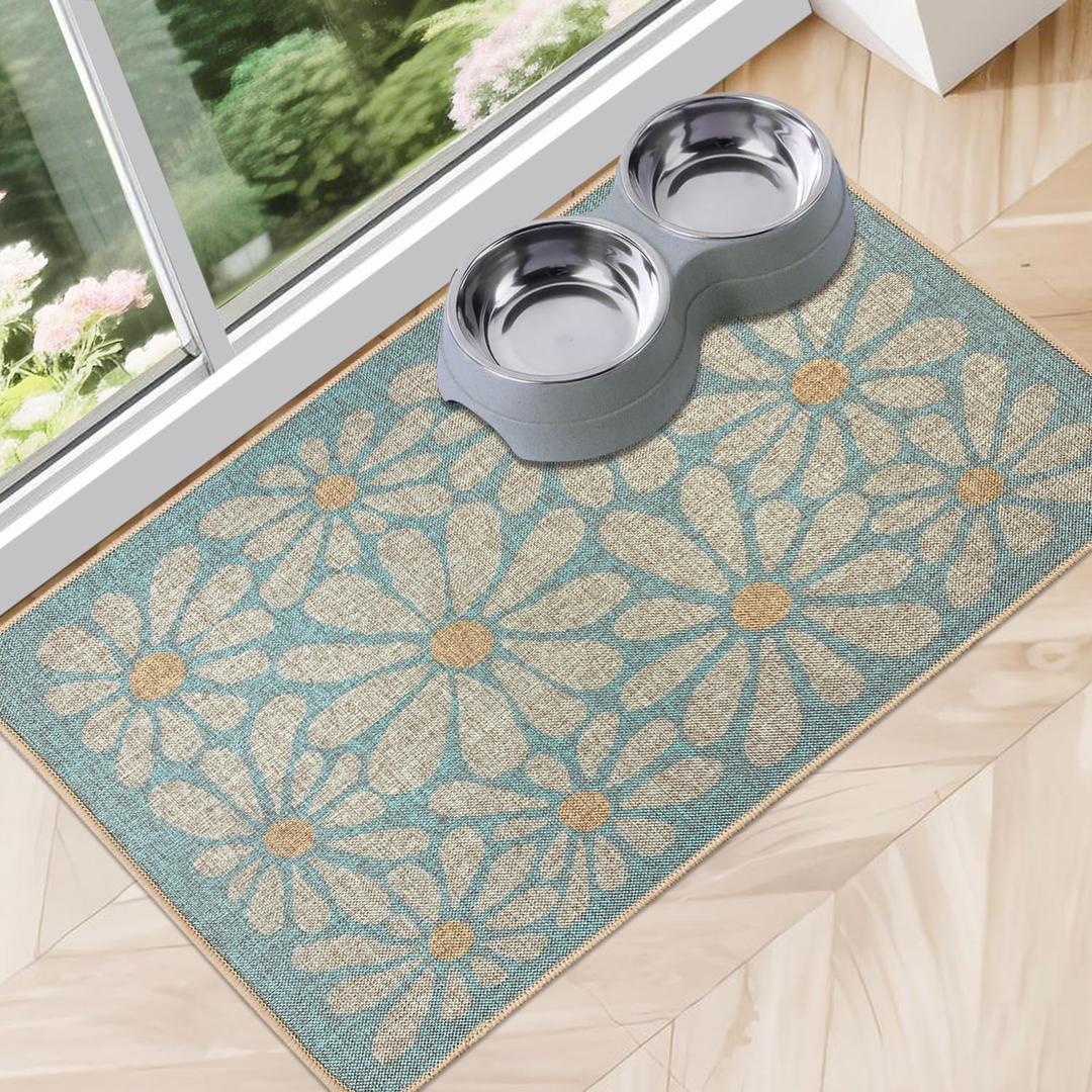 SHIYUE Dog Food Mats for Floors, Absorbent Cat Bowl for Food and Water, Non-Slip Accessories Pet Supplies(12"x20",Sky Blue Flower)