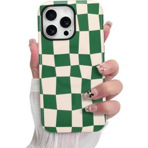 SOKAD Magnetic Checkered Phone Case for iPhone 14 Pro, Cute Grids Plaid Checkerboard Pattern Compatible with Magsafe Matte Protective Case Cover with Screen Protector for Girls Women, Green
