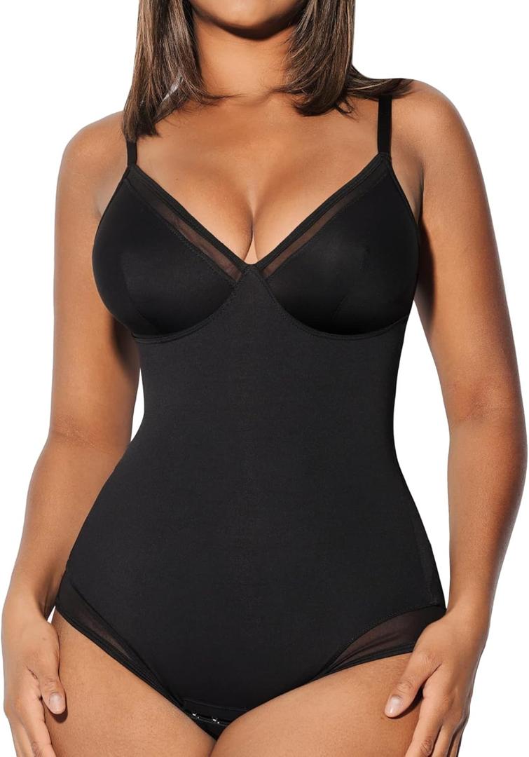 FeelinGirl Shapewear Bodysuits for Women Tummy Control Mesh Slimmer Body Suits Deep V Neck Body Shaper 2024 (X-Large, Black)