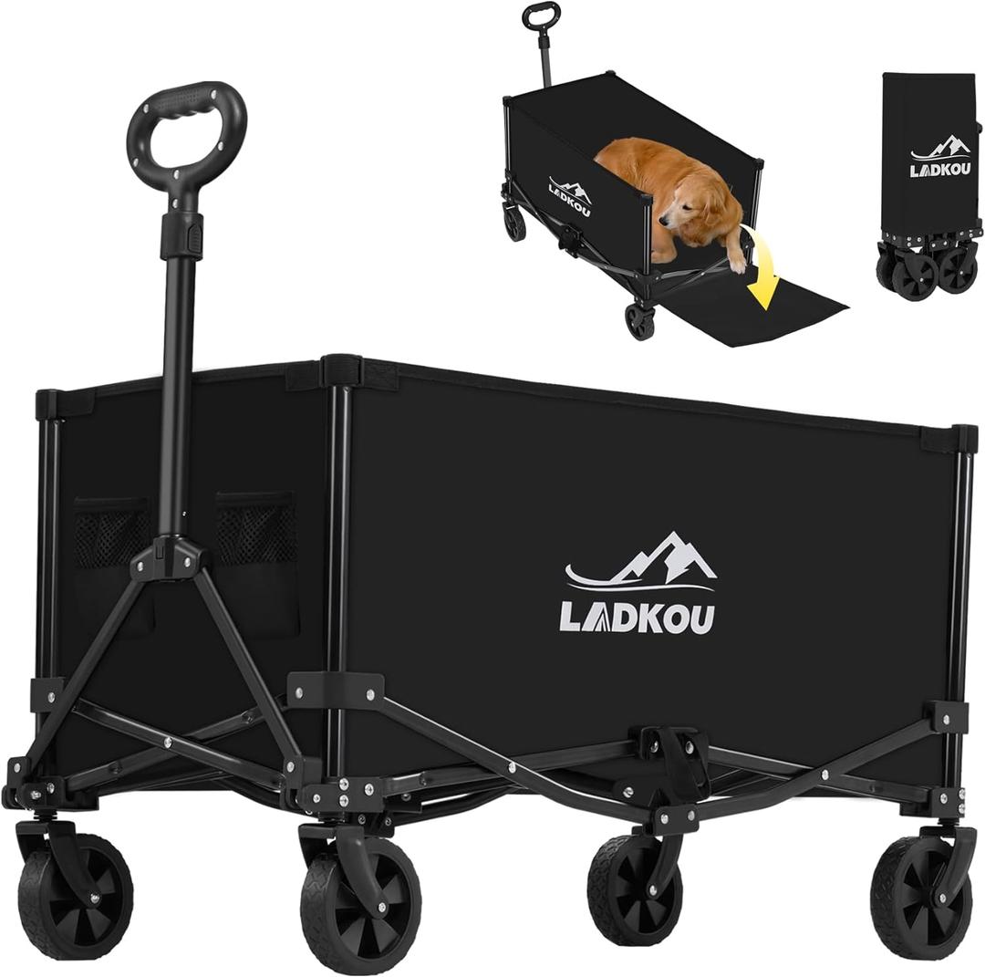 Collapsible Foldable Wagon, Heavy Duty Beach Cart with 140L Capacity and 220LBS Load, Portable Utility Grocery Wagon for Outdoor Camping Garden, Black