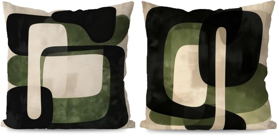 Green and Black Abstract Pillow Covers 18x18, Contemporary Home Decor, Modern Minimalist Green and Black Decorative Throw Pillow Covers for Home Bedroom Living Room Set of 2