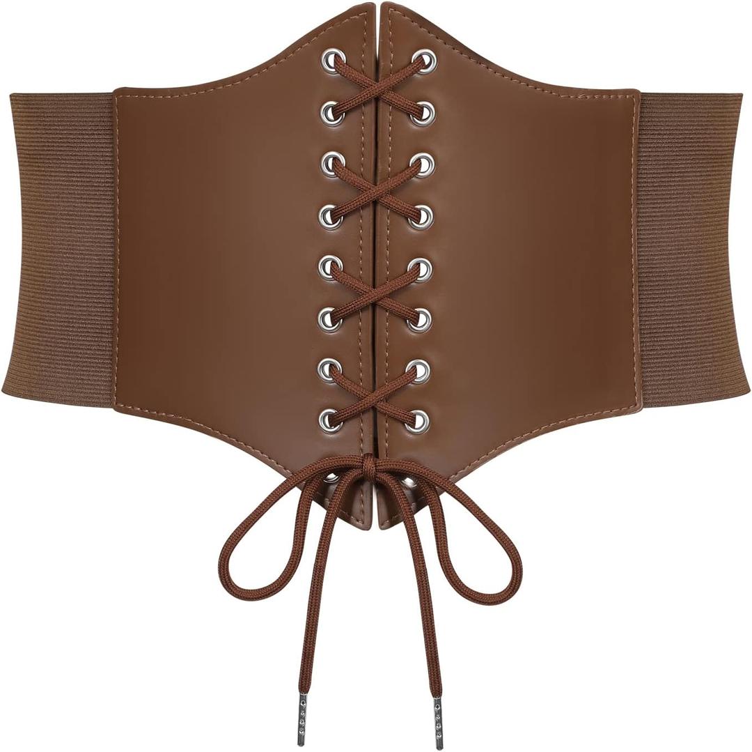 SUOSDEY Black Corset Belt for Women, Vintage Lace-up Elastic Waist, Tied Waspie Wide Belt for Halloween Costume (XL: Waist Size 41''-45'', 15-light Coffee)