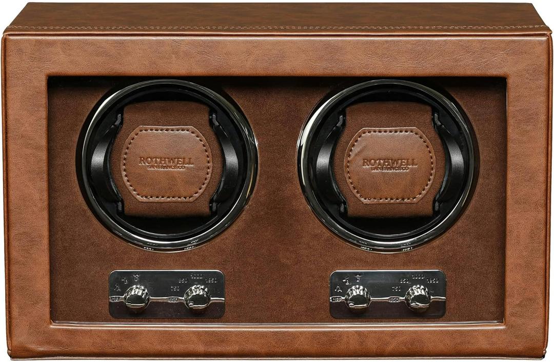 ROTHWELL Double Watch Winder for Automatic Watches with Quiet Motor with Multiple Speeds and Rotation Settings (Tan / Brown)