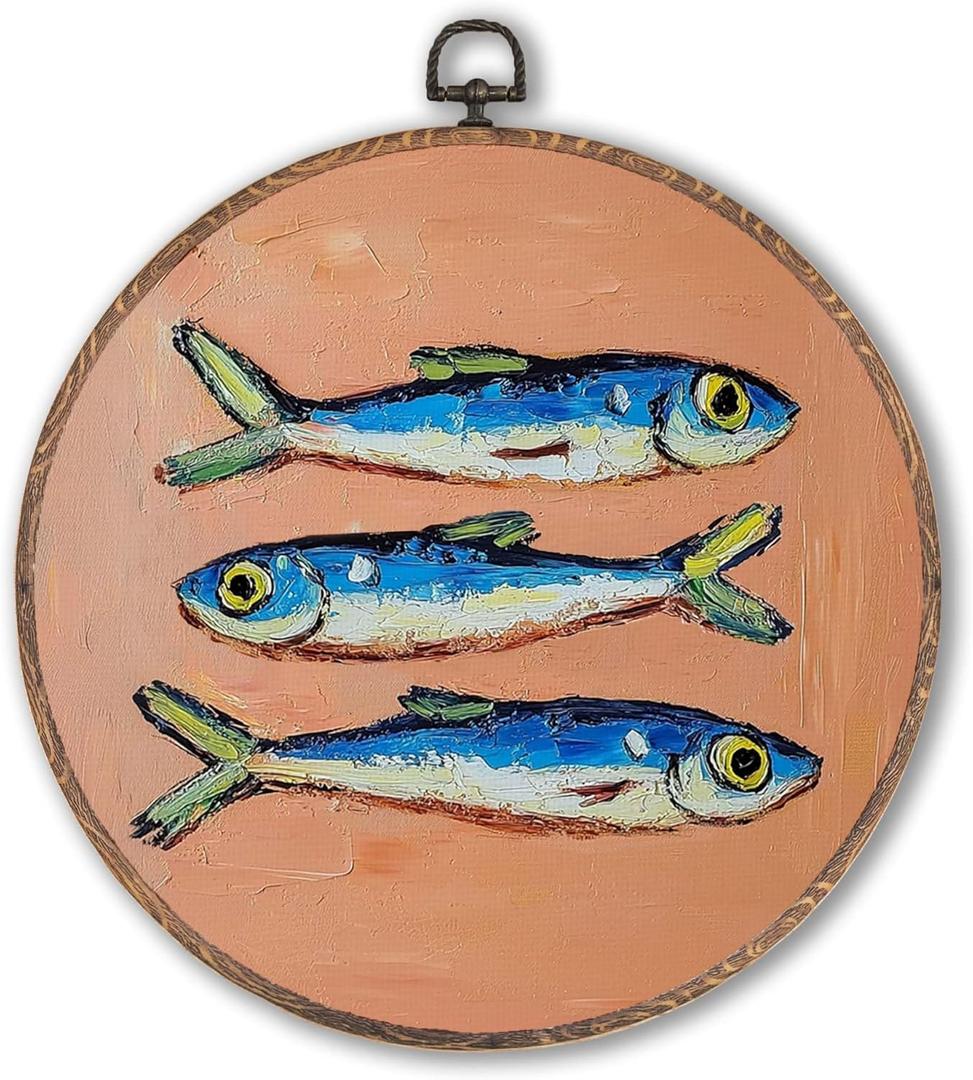 Lengues Sardine Kitchen Round Wall Art - Fish Round Wall Decor, Vintage Farmhouse Decor Canvas Framed Art Prints, Sardines French Country Print Hanging Frame for Room Kitchen 10x10 Inch