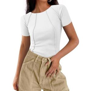 Acmplla Womens Short Sleeve Tops Ribbed Crewneck Slim Fit T Shirts for Women 2025 Summer Business Casual Basic Tee Top S