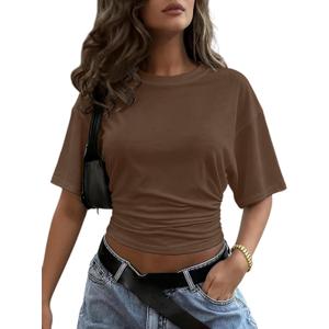 Womens Crop Cinched Waist Top Half Sleeve Ruched Going Out Tops 2026 Summer Y2K Tee Shirts (Brown, L)
