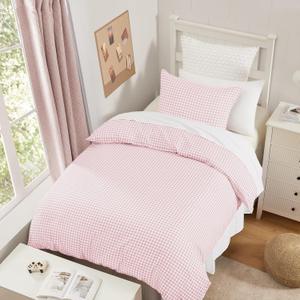 Andency Gingham Duvet Cover Twin Size, Pink Blush Checkered Plaid Bedding Set with Zipper Closure & Corner Ties, 2 Pieces Soft Prewashed Polyester Comforter Cover for Dorm Kids (Twin(66*90 in))