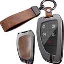 Ontto Key Fob Cover Fit for GMC Acadia 2025 Car Key Case for Hummer EV Yukon Canyon Sierra Terrain 2021-up,Metal and Leather Key Housing with Clear TPU Front Case,Brown