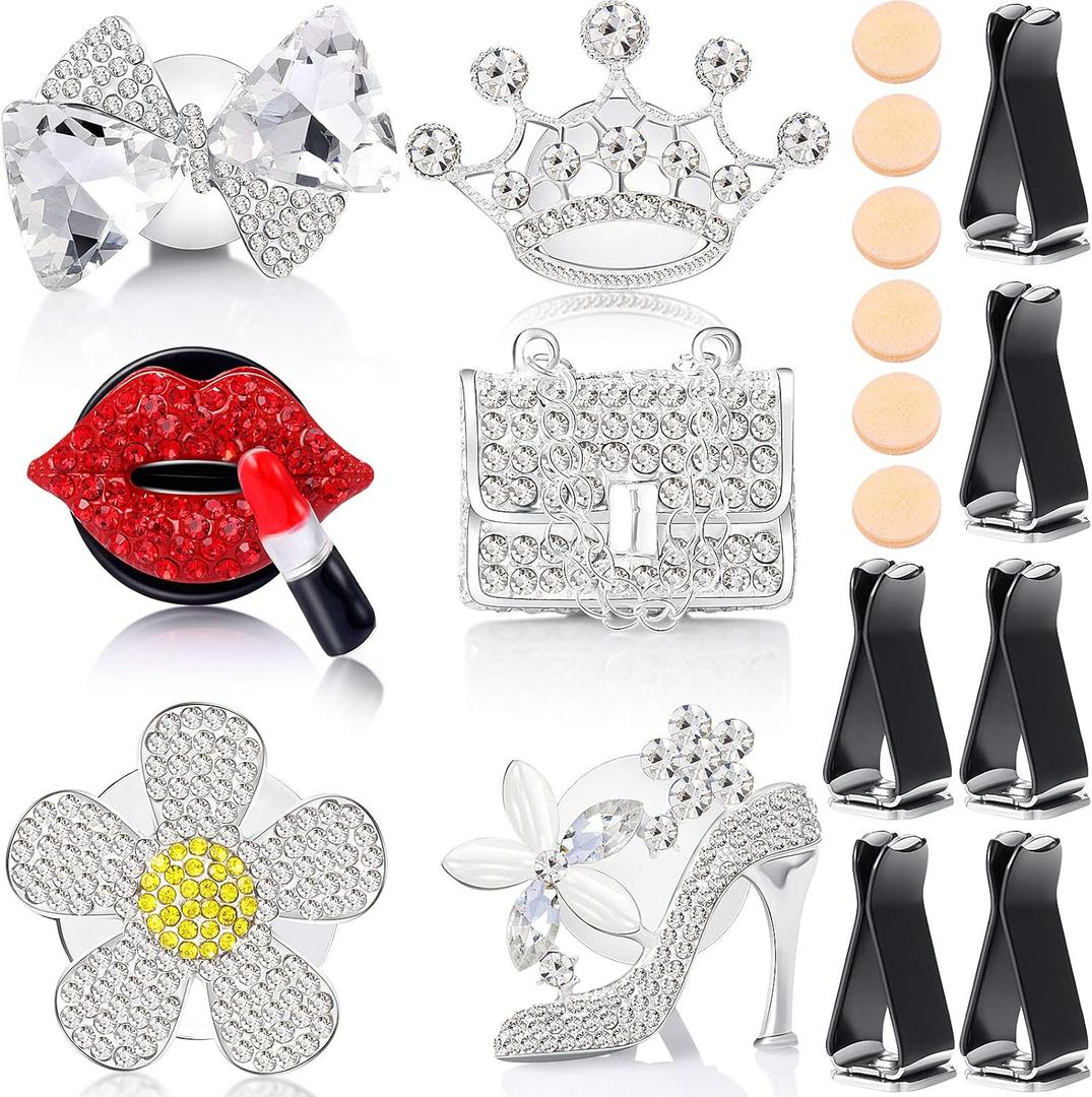 6 Pieces Car Air Vent Decoration Bling Car Interior Decoration Silver Rhinestone, Car Air Freshener Clip with Aromatic Soft Pad (Rhinestone Style)