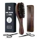 Hair Brush And Comb Set For Men-Boar Bristle Hair Brush,Beard & Wave Brush,Fine Tooth and Wide Tooth Wooden Beard Comb,Facial Grooming Scissors for Eyebrow, Nose Hair, Mustache 6Pcs