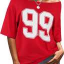 SOFIA'S CHOICE Women Off Shoulder T Shirt Oversized Cotton Graphic Tee Slouchy One Shoulder Top Loose Summer Shirt Red Number Medium (Red, M)