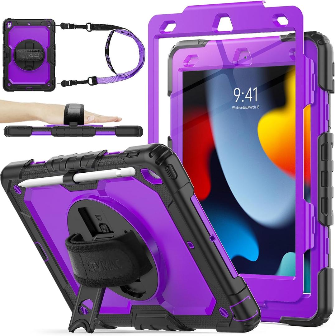 SEYMAC stock Case for iPad 9th/ 8th/ 7th Generation 10.2'', Shockproof with Screen Protector, Pencil Holder [360 Rotating Hand Strap] & Stand, for iPad 10.2 inch 2021-2019 (Purple+Black)