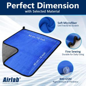 Airlab Microfiber Towels for Cars Wash Drying Thick Plush Cleaning Cloth Auto Detailing Super Absorbent for Interior & Exterior Lint Free, Streak Free, 16" X 16", 800 GSM, Pack of 3