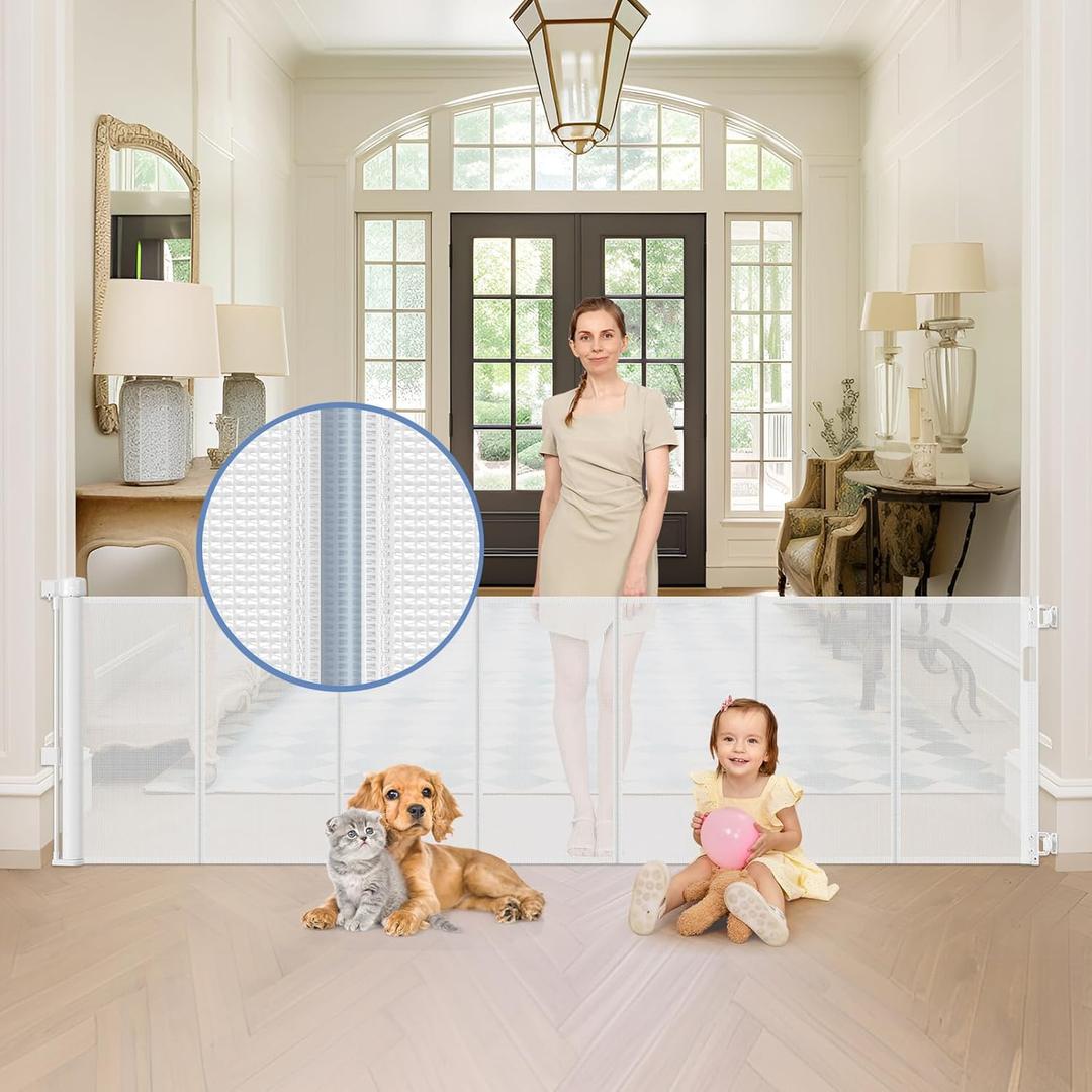 Reinforced 90 Inch Wide Retractable Baby Gates for Doorways Extra Wide Outdoor Retractable Gate for Dogs Reinforced Bottom to Prevent Crawling Through Mesh Baby Gate Long Dog Gates Indoor Extra Long (White)
