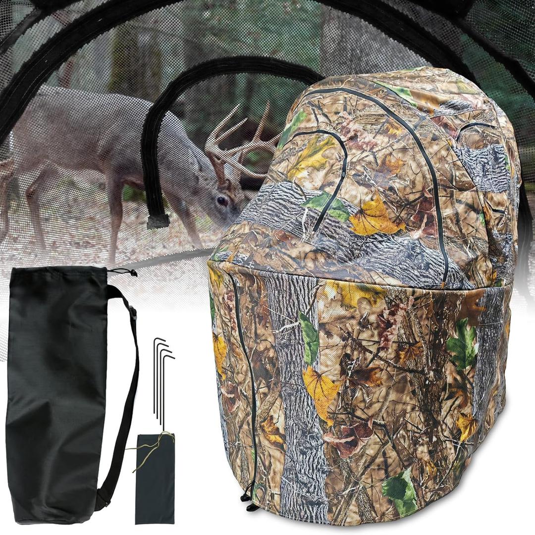 Portable Hunting Blind with Chair-Camouflage See-Through Ground Blind with Cup Holder, Lightweight 1-Person Tent for Deer and Duck Hunting