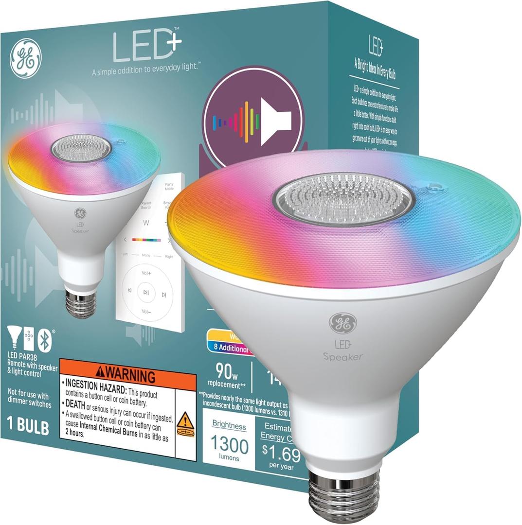 GE LED+ PAR38 LED Light Bulb, Outdoor Color Changing Wireless Bluetooth Speaker Floodlight with Remote, 14W, Multicolor and Warm White (1 Pack)