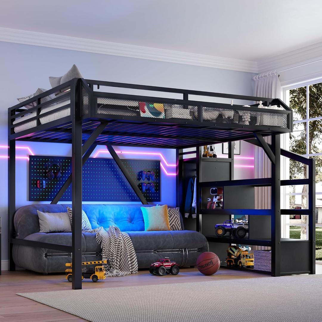 Bellemave Metal Queen Size Loft Bed with Stairs and Wardrobe,Heavy Duty Loft Bed Frame with LED Lights and Charging Station for for Kids, Teens, Adults,Black Woodgrain