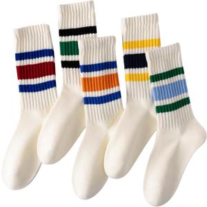 DarkCom Striped Crew Socks Seamless, or Solid Cotton Tube Socks, Casual Comfort 5 Pairs for Women and Men
