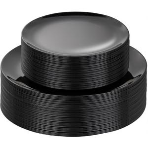 PULOTE 60 PCS Black Plastic Plates - Include 30 Dinner and 30 Dessert Plates, Black Disposable for Party,Birthday & New Year