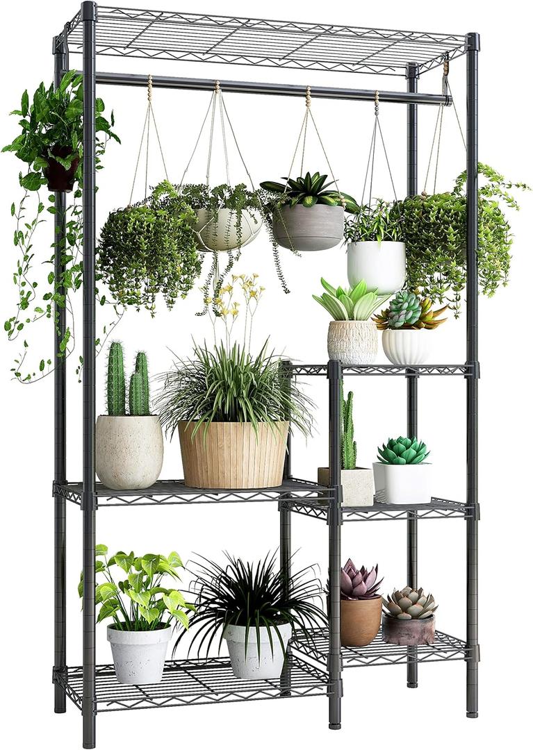 Xiofio Plant Stands for for Indoor Outdoor, Heavy Duty Metal Plant Stand,large Plant Shelf,Adjustable Plant Shelves With Hanging Rod for Living Room,Balcony,Garden,Black