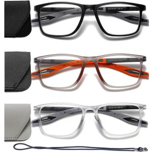 Hubeye TR90 Sports Reading Glasses for Men and Women Ultralight Flexible Anti-Blue Light ReadersBlack+Grey+Orange+3.5