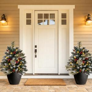 31" Prelit Artificial Christmas Tree Urn Filler  Battery Operated Outdoor Christmas Planter Filler with Timer, Multi-Color Lights, Berries & Pine Cones for Porch, Yard & Garden, 2 Pack