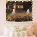 WHCHJ Halloween Ghost Tapestry, Whimsical Spooky Cabin Tapestry Wall Hanging, Ghost in Wildflower Field Landscape Tapestries Wall Blanket Decor for Party Home Bedroom Living Room Dorm, 50x60 Inch