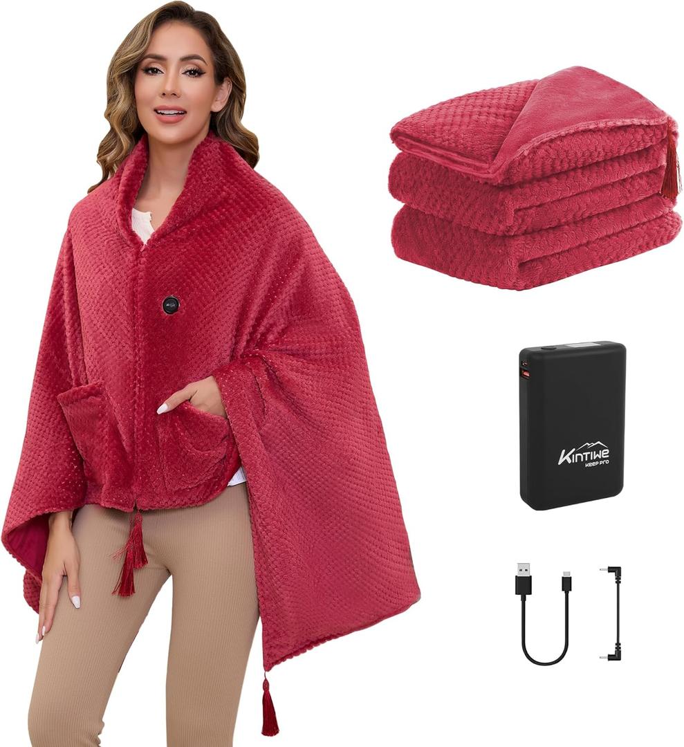 Heated Blanket Throw Battery Operated, Portable Electric Heated Poncho Shawl with Zipper and Pockets, 4 Heating Areas & 3 Heating Modes,Heating Blanket for Neck and Shoulders and Back,Red