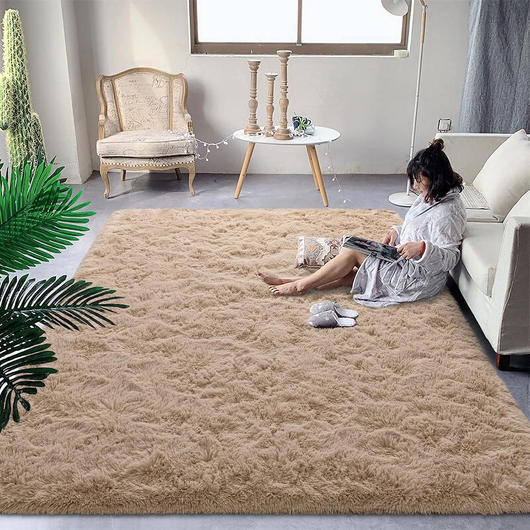 DweIke Fluffy Small Area Rug for Bedroom Living Room, 3x5 Feet Soft Plush Shaggy Beige Rugs for Girls Boys Kids, Non-Slip and Machine Washable Carpet for Nursery Dorm Home Decor