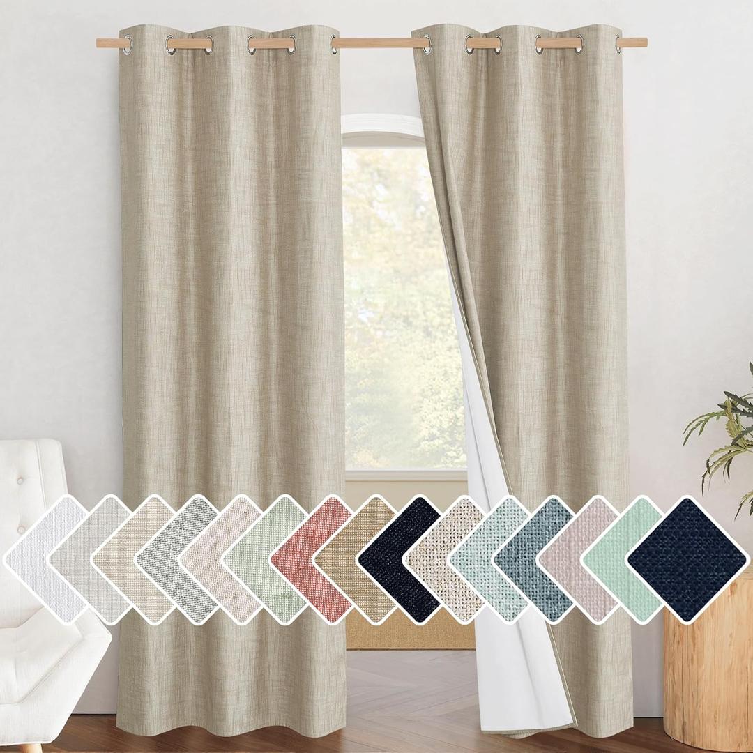 NICETOWN Taupe 100% Blackout Linen Curtains 84 inch Long Burg, Farmhouse Thick Completely Blackout Window Treatment Panels Thermal Insulated Drapes for Living Room (1 Pair, 42" Width Each Panel)