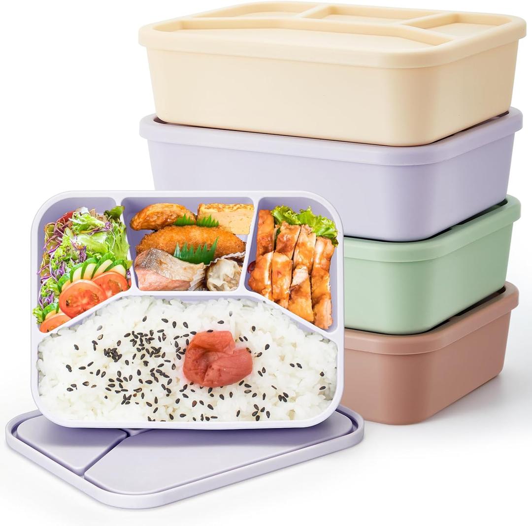 Ziliny 4 Pcs Silicone Bento Box Reusable Lunch Container Smooth Leak Proof Lunch Box Rectangle Bento Boxes for Adult Work Travel Food Meal Compartment Storage, 4 Colors (Light Color)