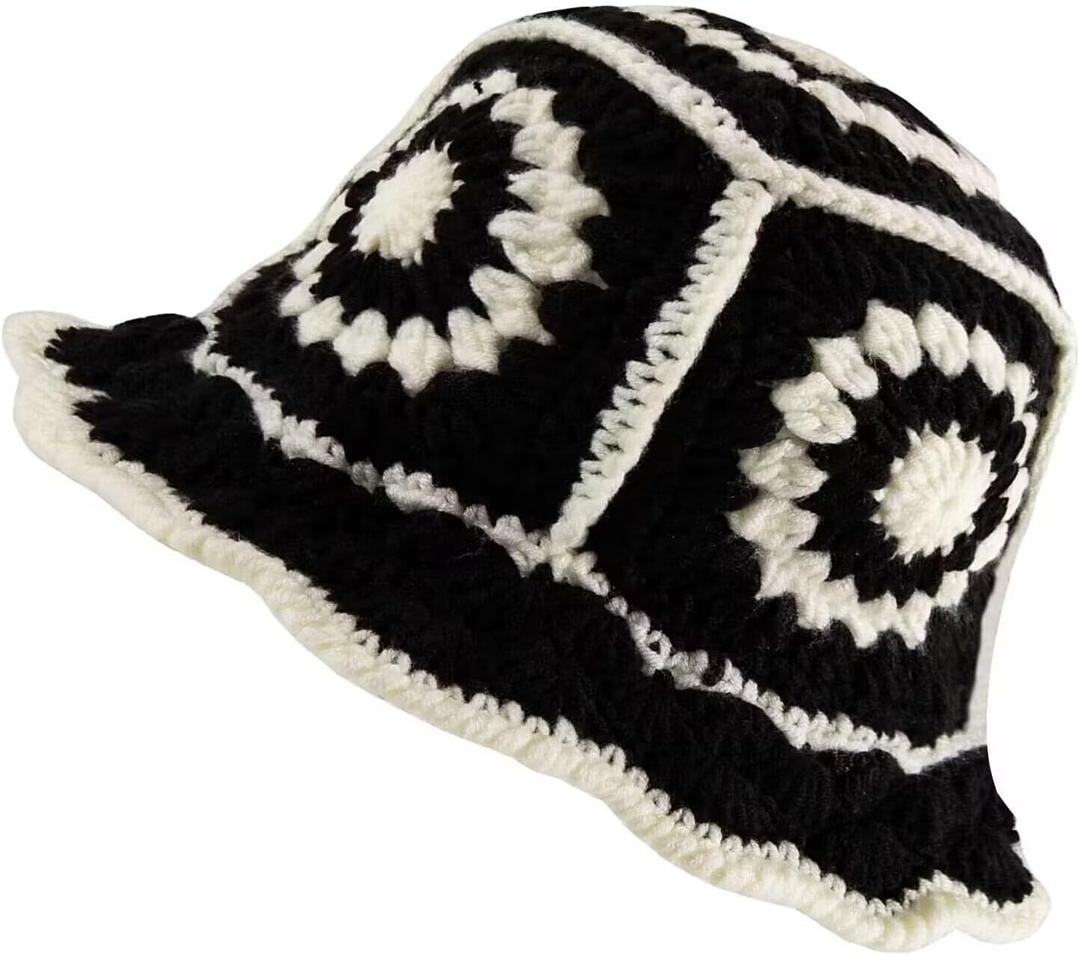 Women Crochet Bucket Hat Knitted Bucket Hat Handmade Cute Flower Pattern Beach Hat Outdoor Cute Striped Floral Fishing Hat Knit Bucket Hats Fisherman Hat for Women Multicolor