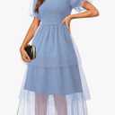 Youtalia Women's Smocked Tulle Midi Dress Tiered Shimmer Square Neck Puffy Sleeve Wedding Evening Party Dresses M