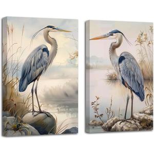 LZIMU Heron Wall Art 2 Pieces Crane with Reed Canvas Prints Coastal Bird Pictures Heron on Beach Painting Ocean Seaside Artwork Bathroom Decor Framed (Blue, 16x24inchx2 Pieces)